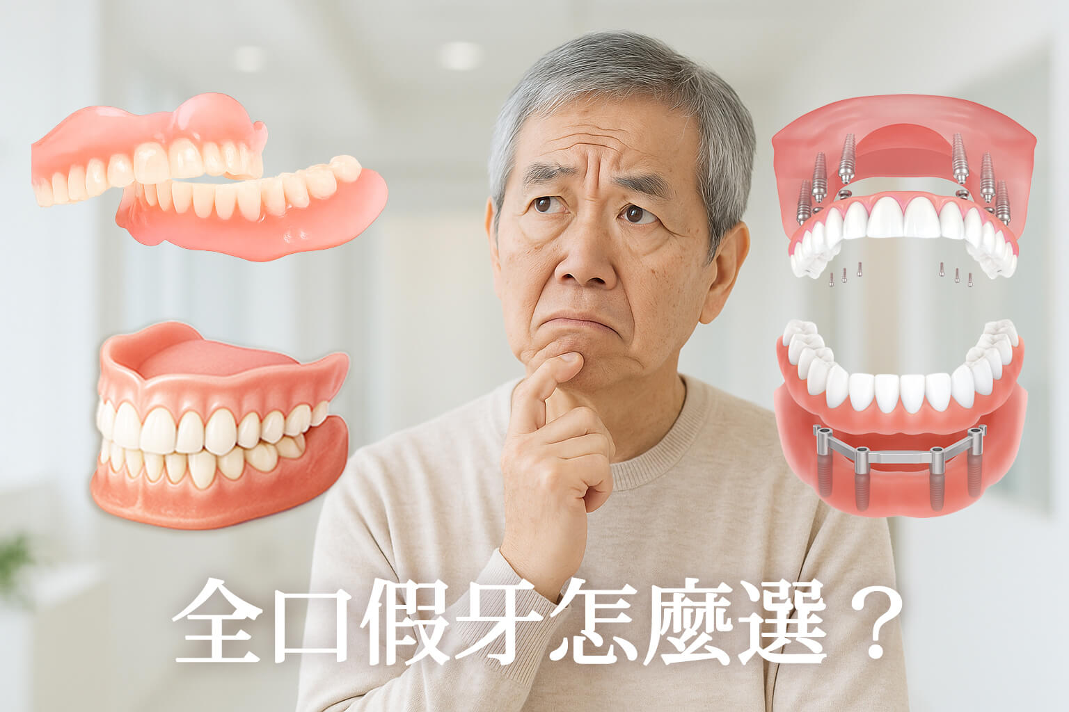 五種全口假牙方案的比較示意圖，包含傳統活動假牙、BPS吸附式、半固定式與All-on-4/6。